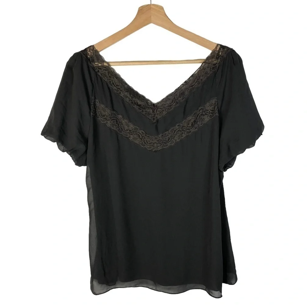 Worthington Dark Gray Lace Trim V-Neck Short Sleeve Blouse XL